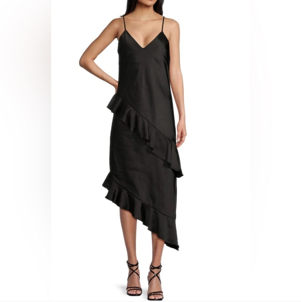 NWT Gianni Bini Cascading Satin Asymmetrical Ruffle Midi Dress in Black, Large